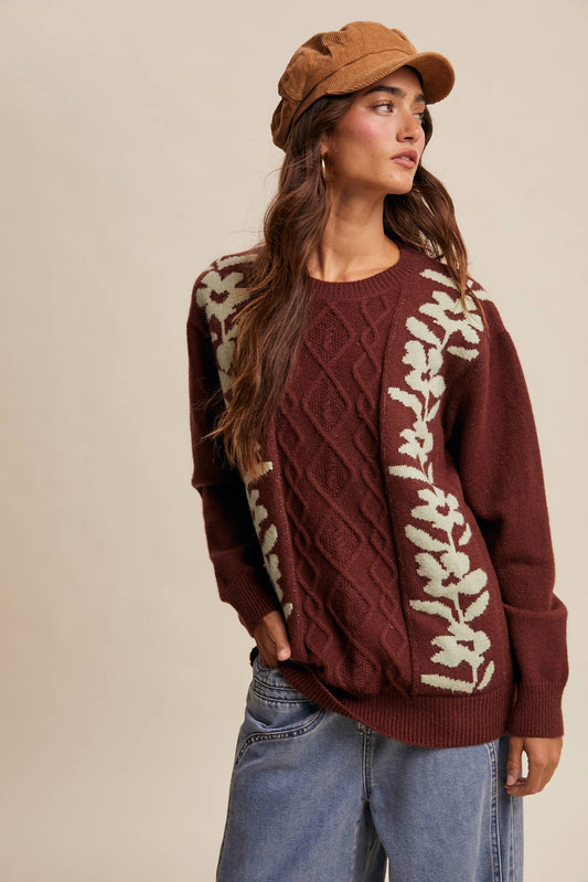 Floral Panel Cable Knit Sweater