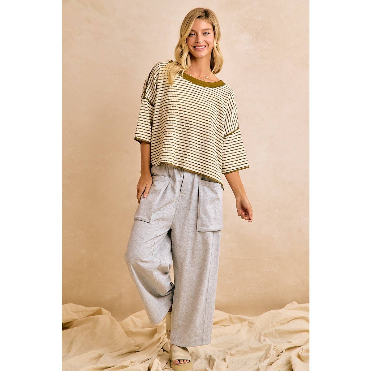 FRENCH TERRY OVERSIZED POCKETS WIDE LEGS PANTS