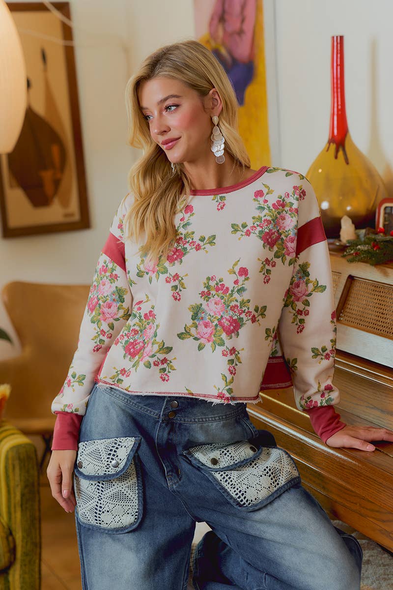 FLORAL BRUSHED TERRY OPEN BACK LONG SLEEVES TOP