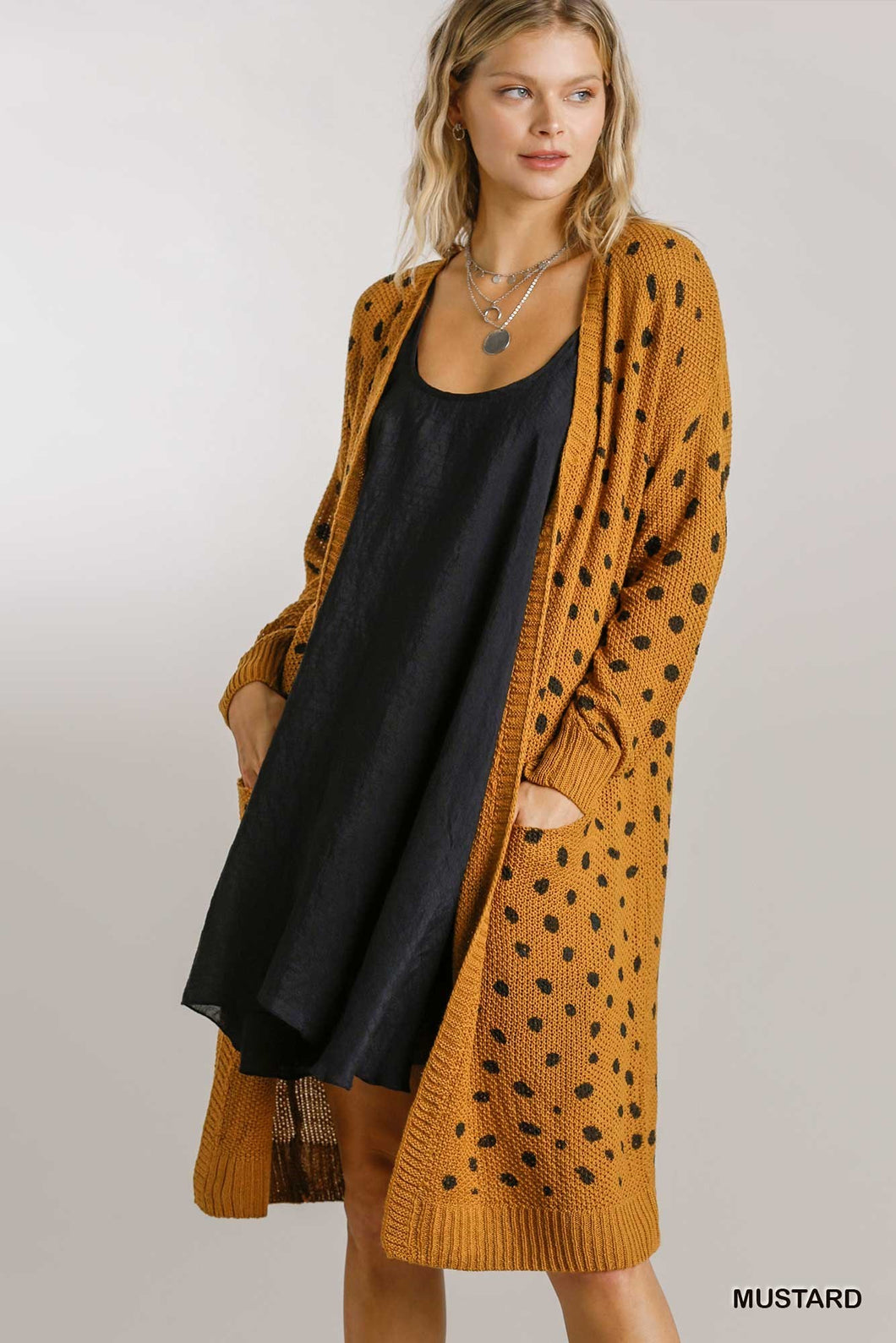 Dalmatian Hand Stamped Long Cardigan in Mustard