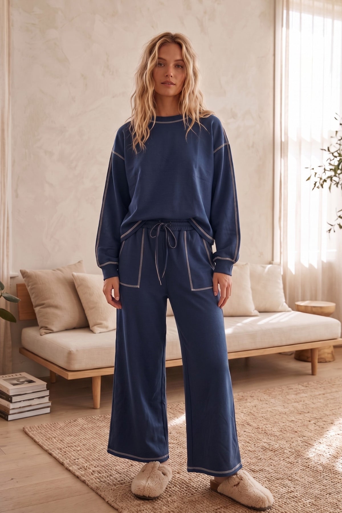 Navy Scuba Contrast Stitch Pullover & Wide Leg Pants Set