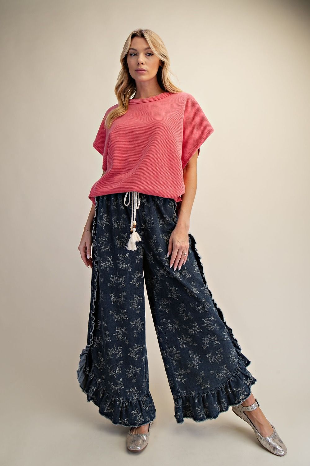 Floral Whimsy Ruffle Denim Palazzo Pants