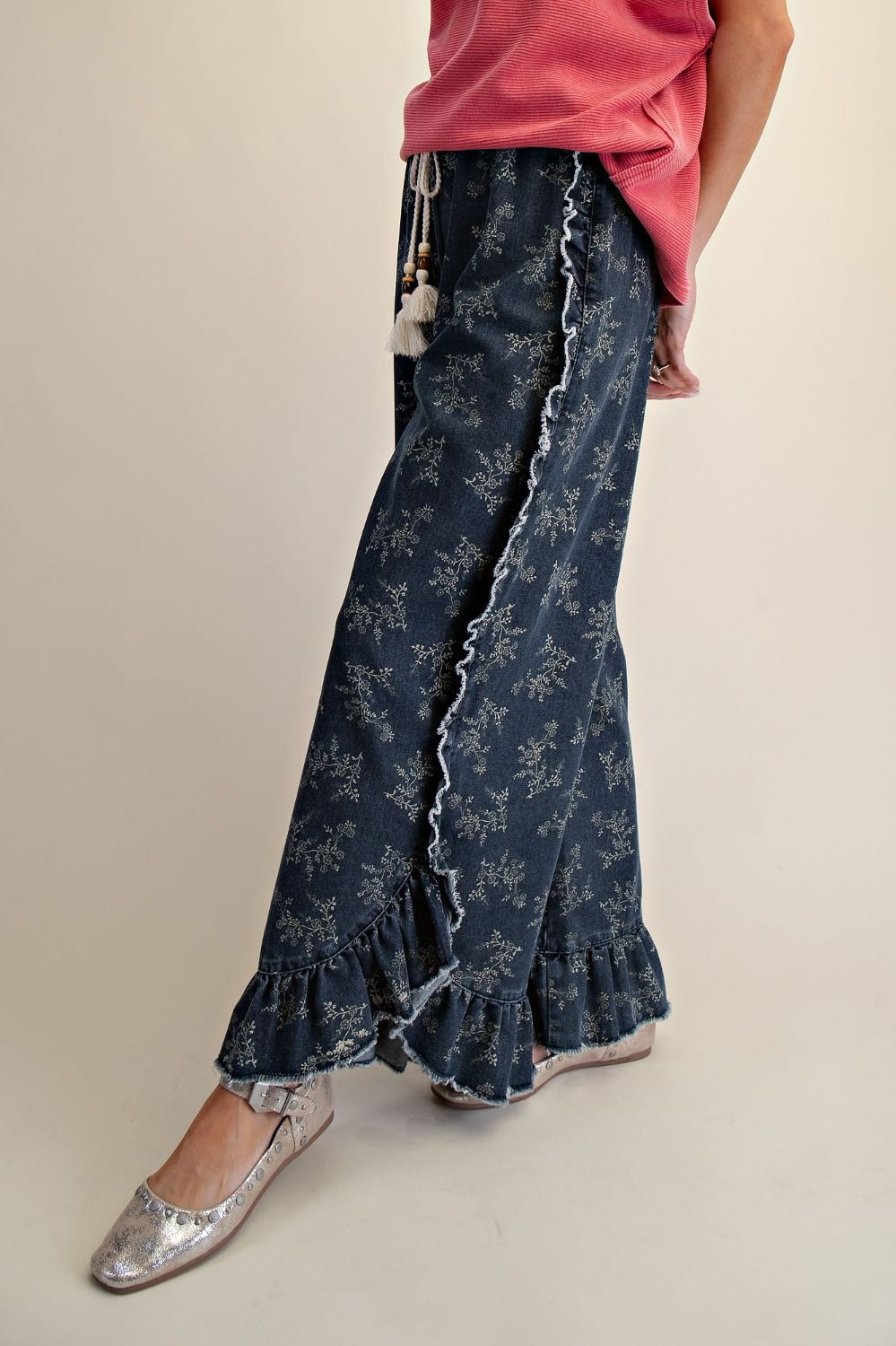 Floral Whimsy Ruffle Denim Palazzo Pants