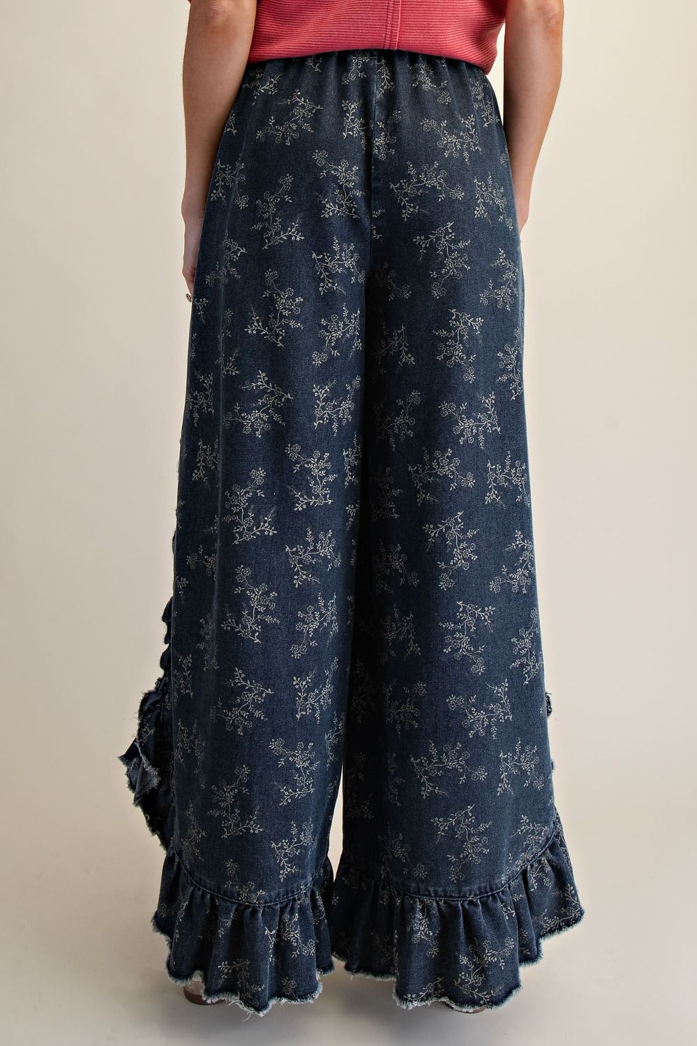 Floral Whimsy Ruffle Denim Palazzo Pants