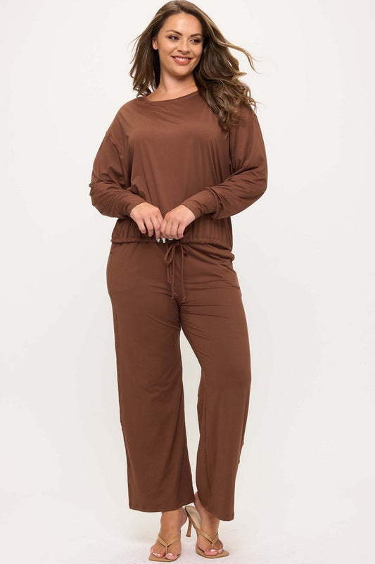 Chocolate Peach Skin Long Sleeve Tie Hem Top & Pants Set
