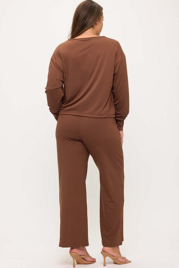 Chocolate Peach Skin Long Sleeve Tie Hem Top & Pants Set