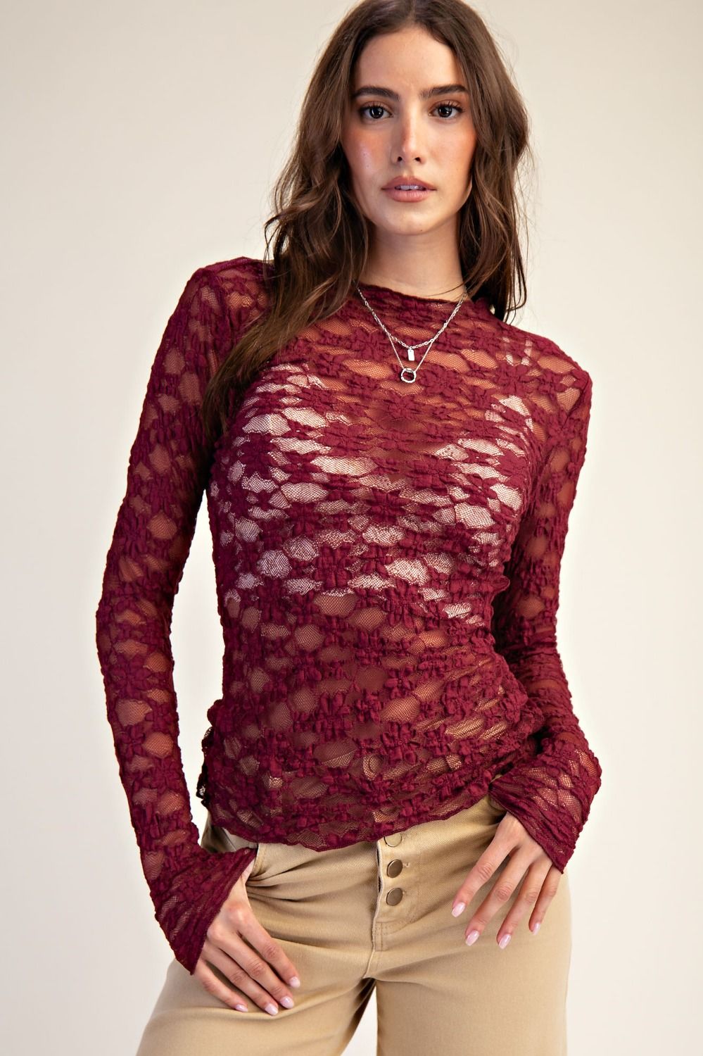 All Over Wine Lace Fitted Top