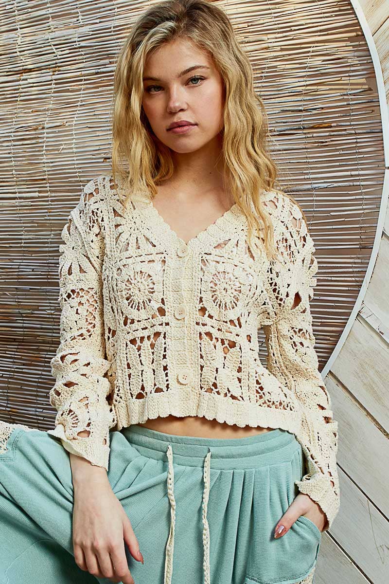 V neck long sleeve cropped crochet cardigan