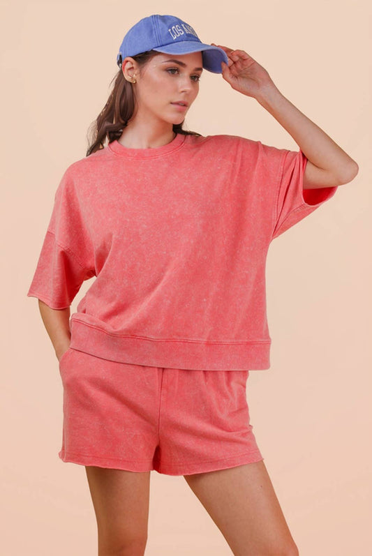 Mineral Washed Knit Casual Top & Shorts