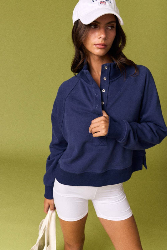 Half- Snap Button Mock Neck Pullover