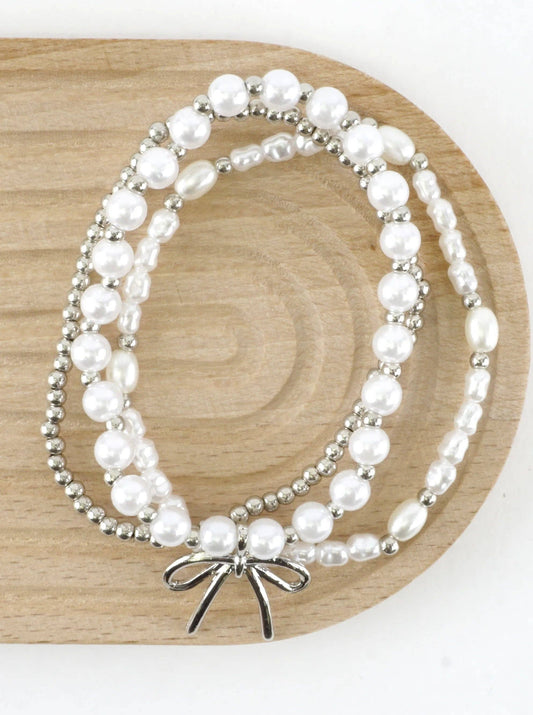3 PC Set Pearl Ribbon Charm Bracelets