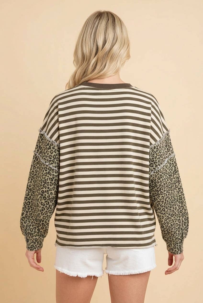 Mixed Pattern Striped and Leopard Patchwork Knit Top