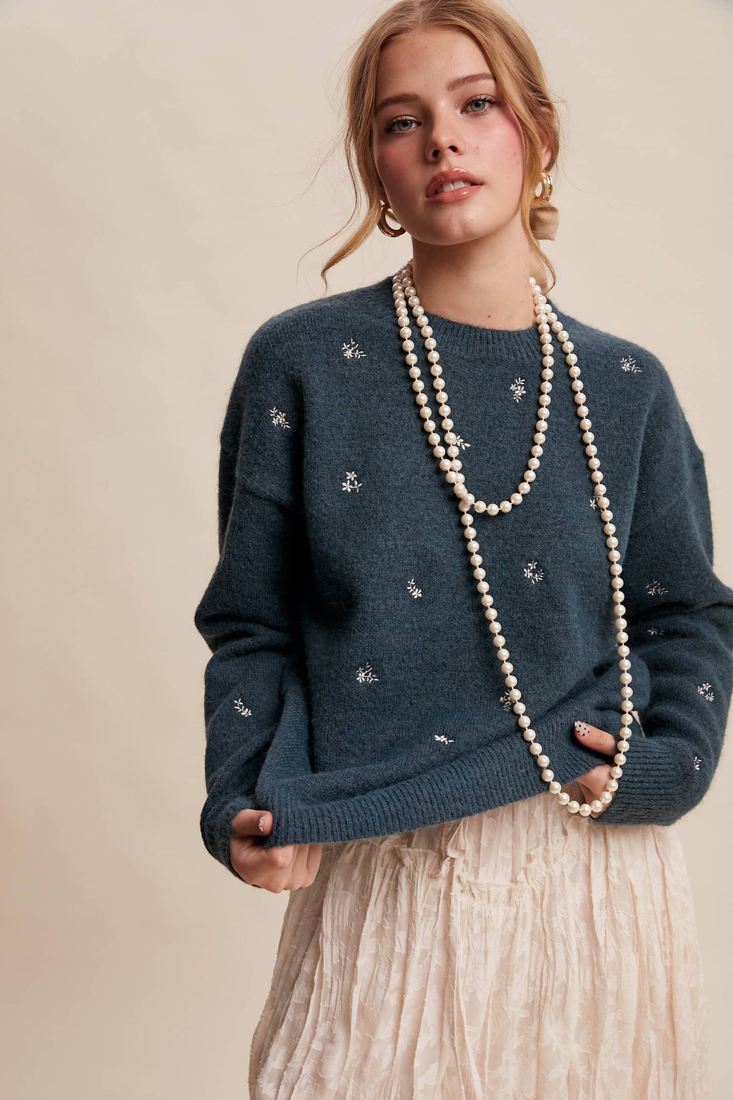 Embroidered Dot Knit Sweater