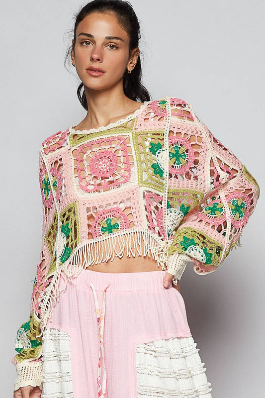 Round neck long sleeve crochet cropped fit top