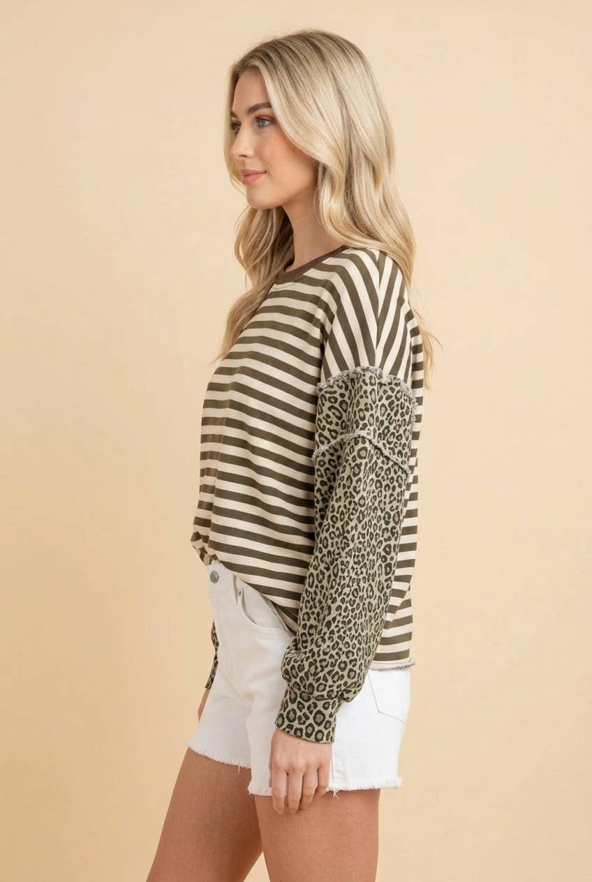 Mixed Pattern Striped and Leopard Patchwork Knit Top