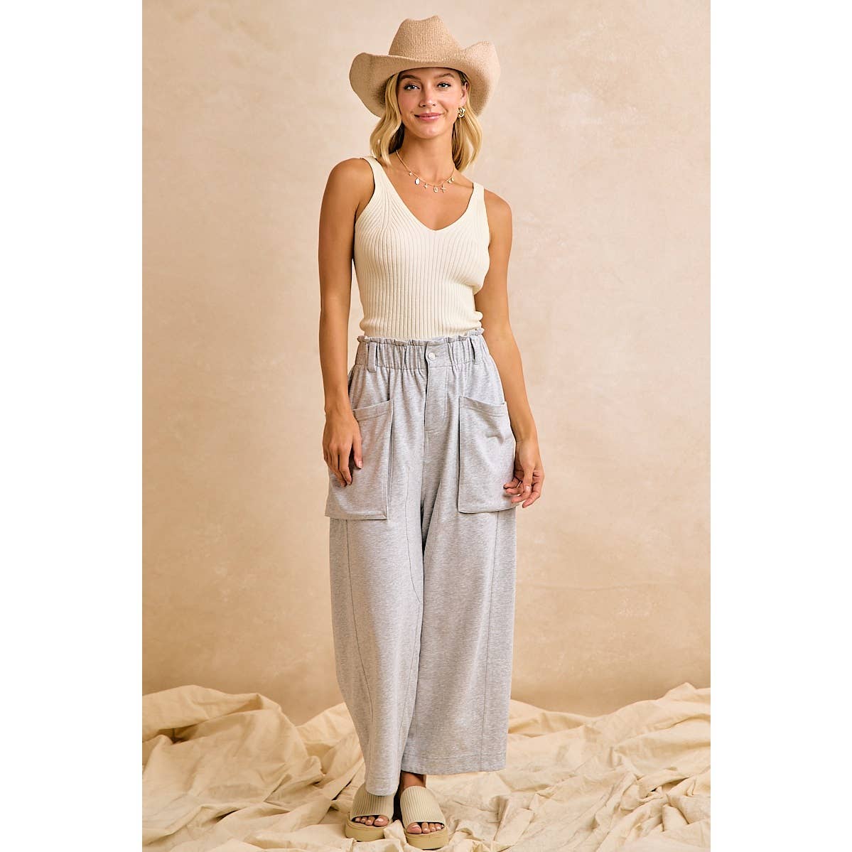 FRENCH TERRY OVERSIZED POCKETS WIDE LEGS PANTS