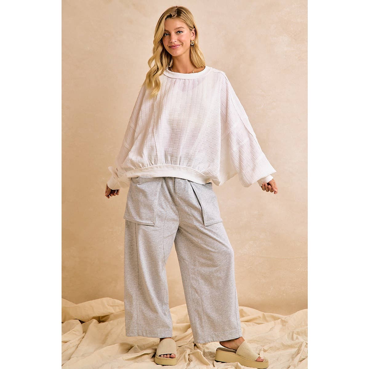 FRENCH TERRY OVERSIZED POCKETS WIDE LEGS PANTS