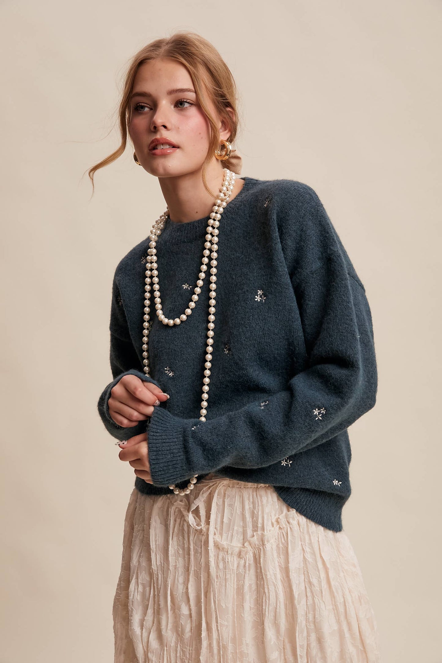 Embroidered Dot Knit Sweater