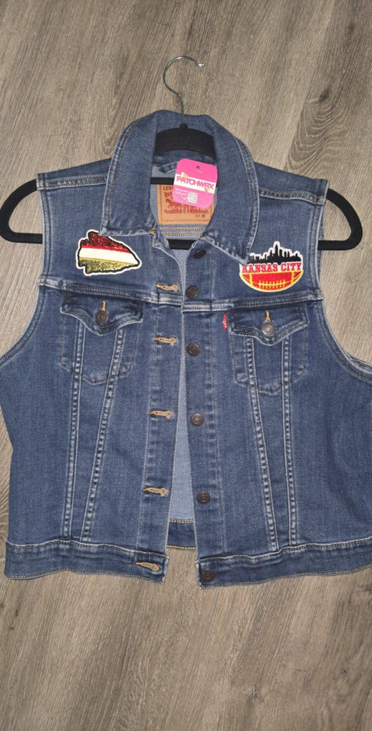 Medium Chiefs Kansas City Skyline Patch Recycled Denim Vest with Glitter and Glam