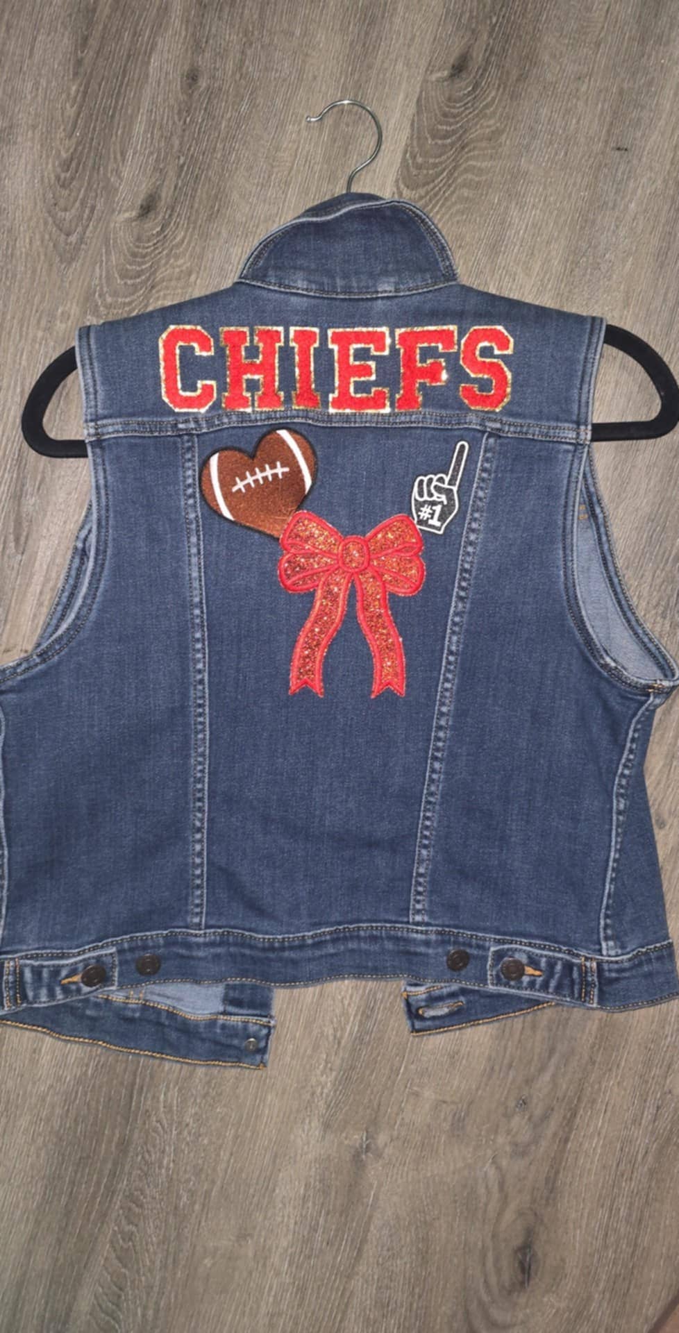 Medium Chiefs Kansas City Skyline Patch Recycled Denim Vest with Glitter and Glam