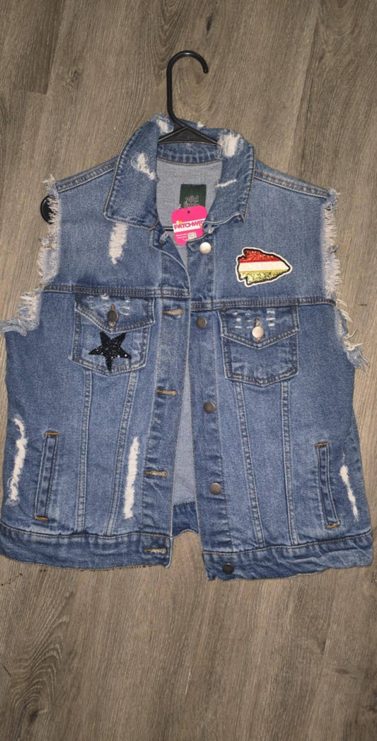 Small Fray Sleeve Recycled Denim KC Chiefs Sequin & Glitter Distressed Jean Vest