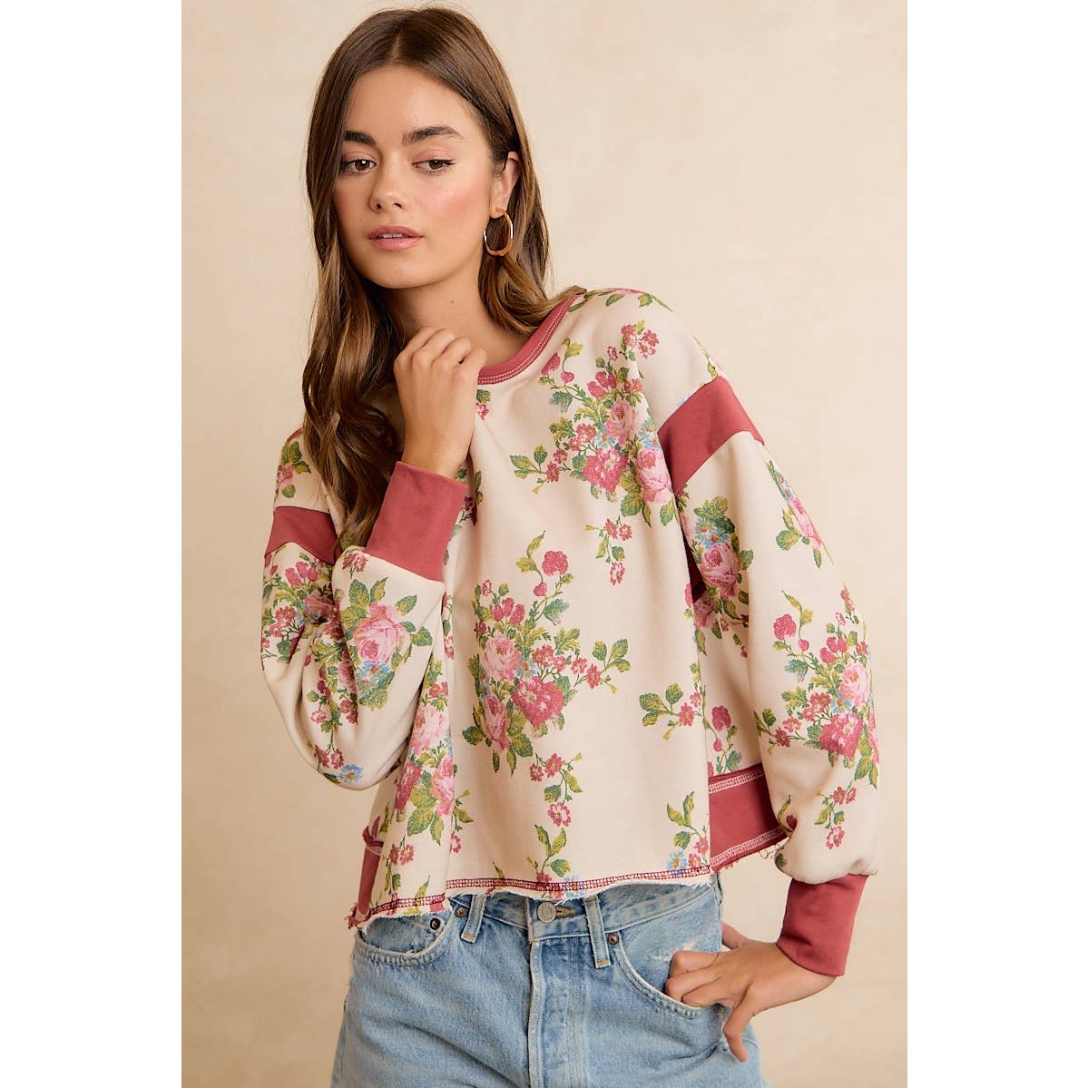 FLORAL BRUSHED TERRY OPEN BACK LONG SLEEVES TOP