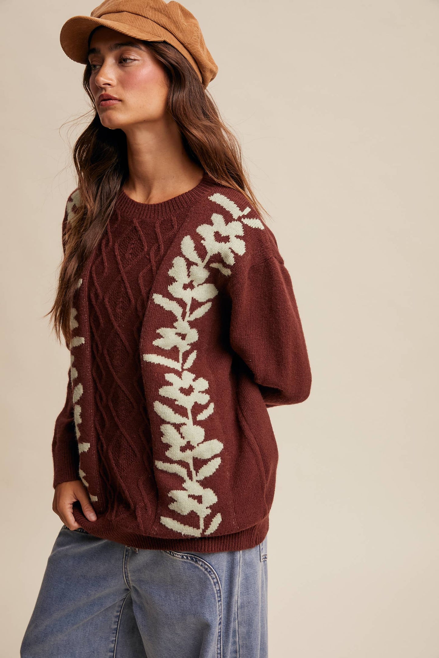 Floral Panel Cable Knit Sweater