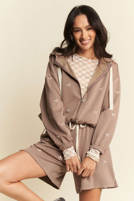 JoJo Bow Embroidered Zip Up Hoodie