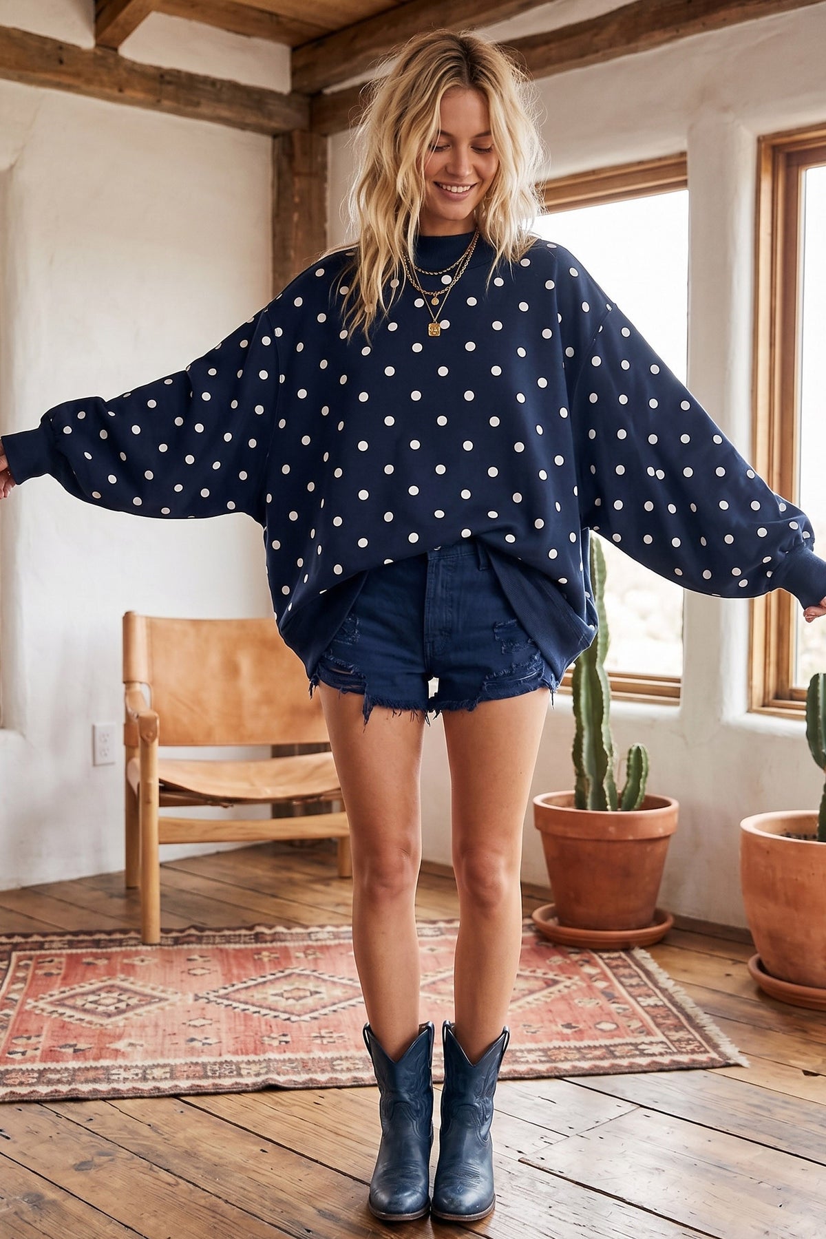 Navy Oversized Polka Dot Scuba Pullover