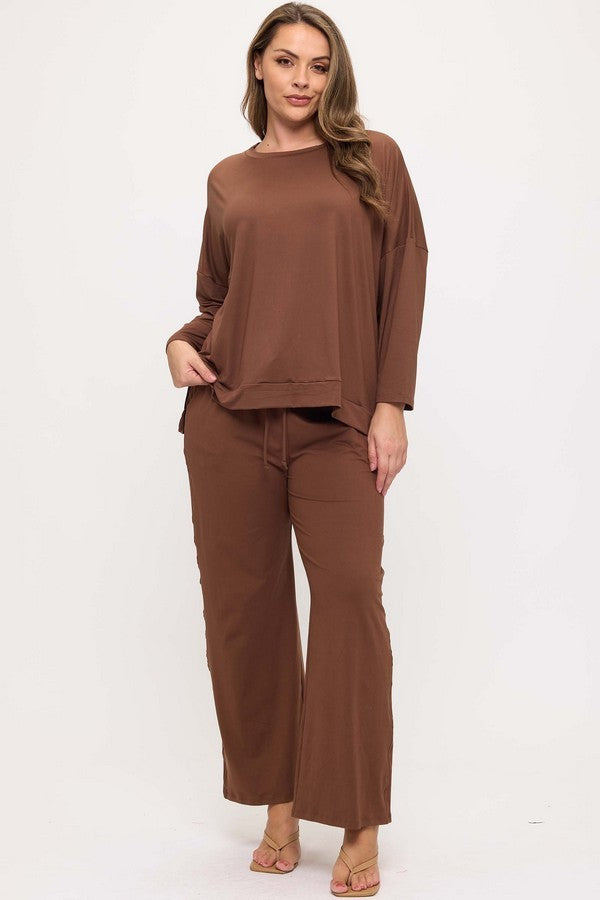 *Pre-Order* Chocolate Peach Skin Long Sleeve Tie Hem Top & Pants Set