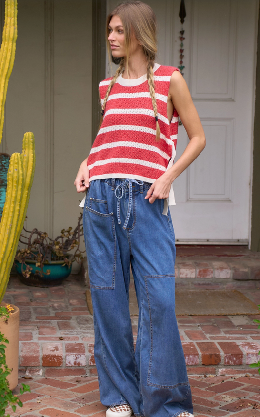 Red Crochet Striped Sleeveless Top