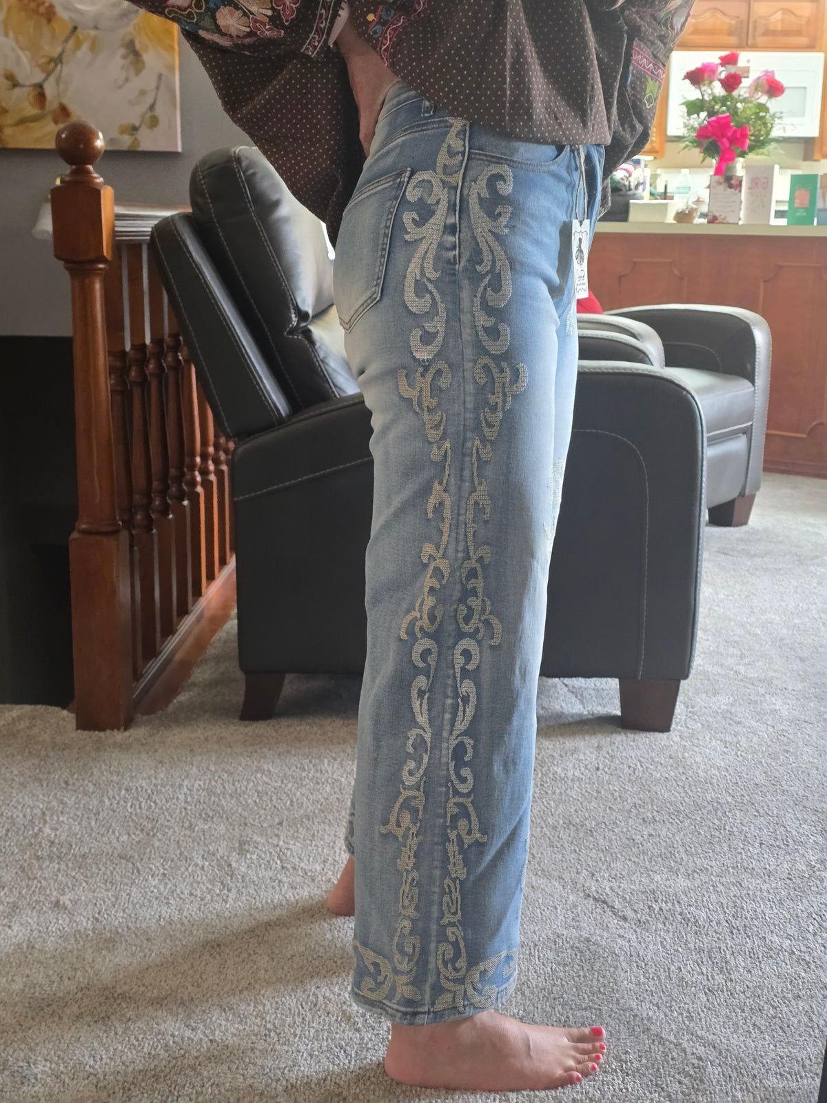 Embroidered Wide Leg Denim