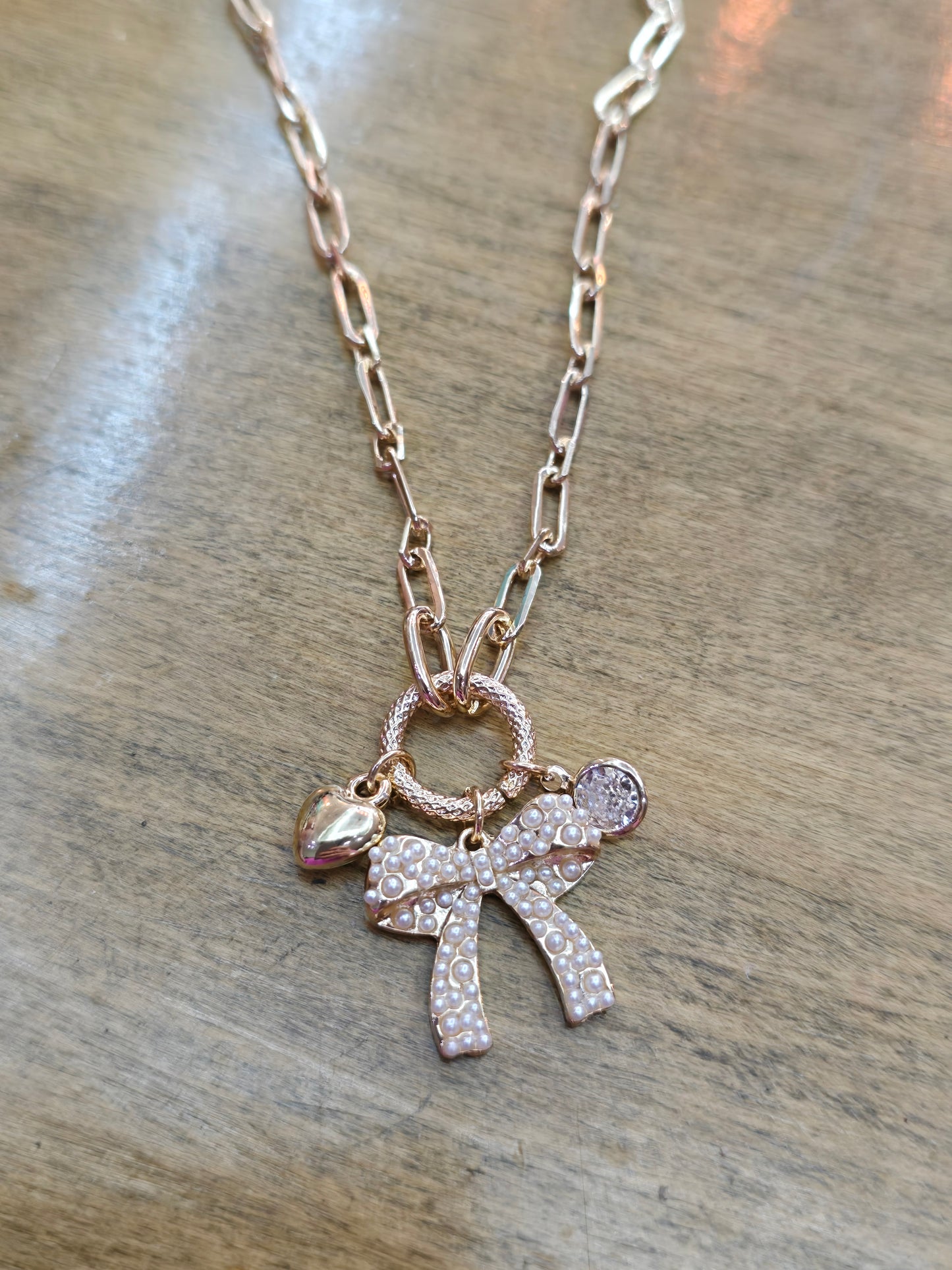 Gold Hearts and Bow Charm Necklace