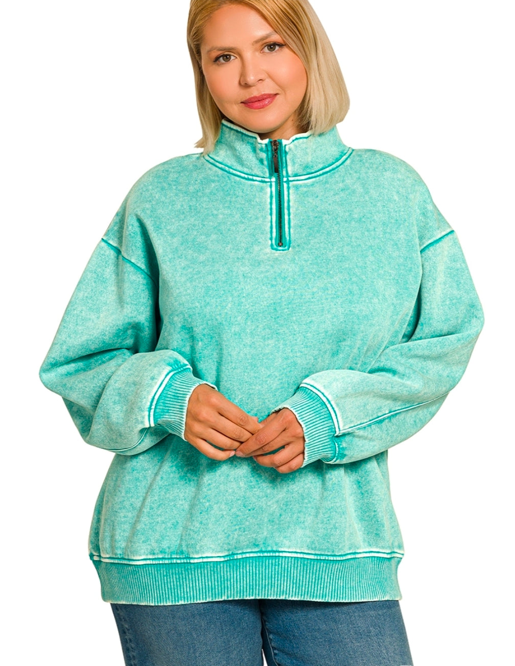 Curvy Acid Washed Zip Pullover