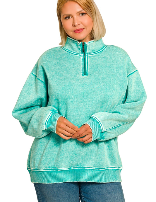 Curvy Acid Washed Zip Pullover