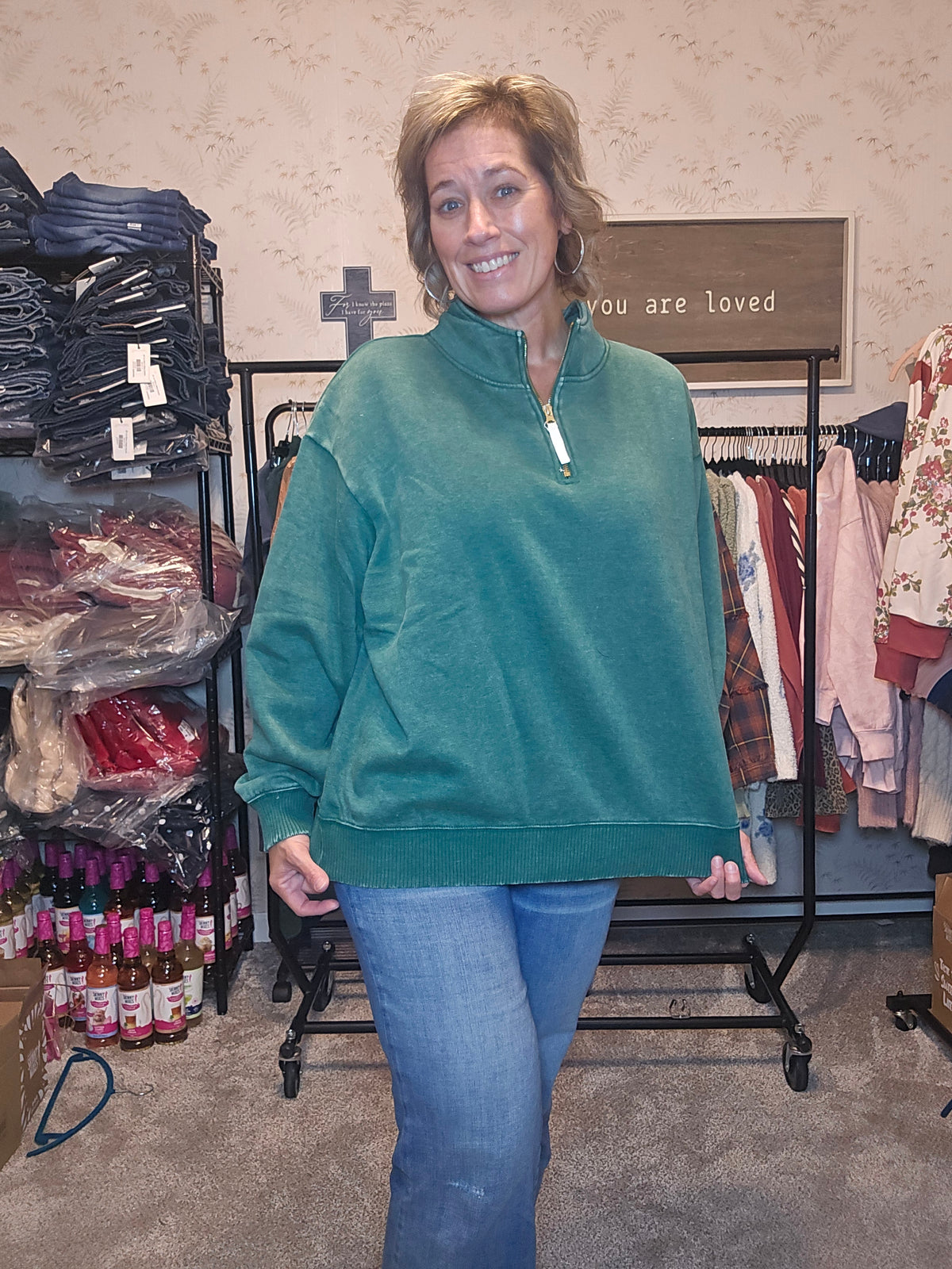 Curvy Acid Washed Zip Pullover in Hunter