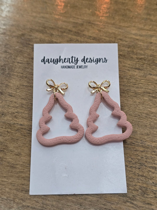 Clay Pink Christmas Tree Earrings