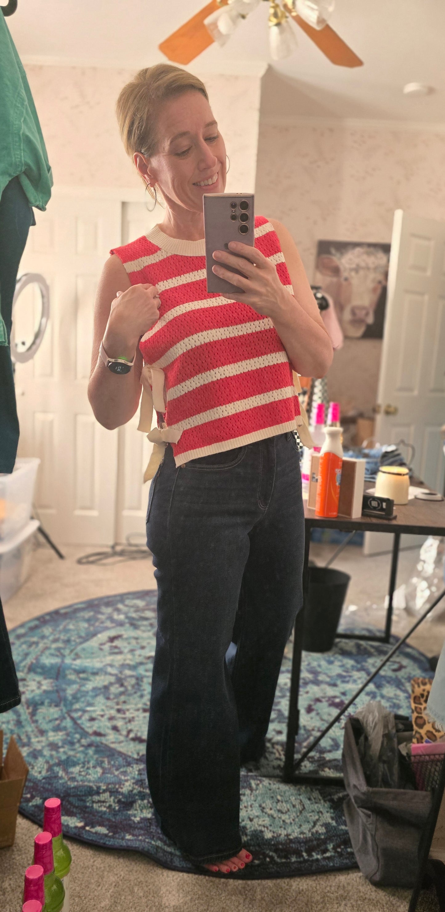 Red Crochet Striped Sleeveless Top