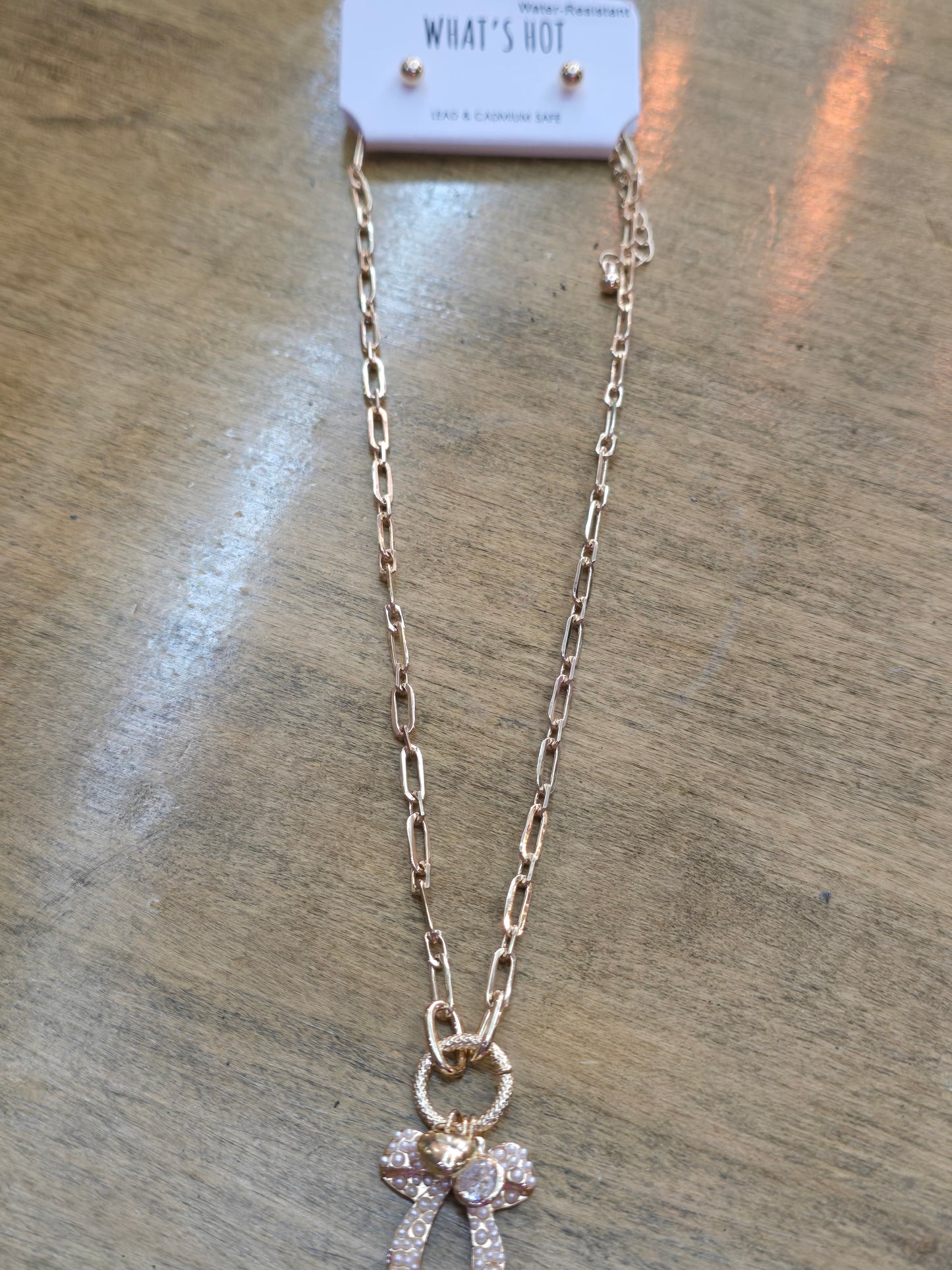 Gold Hearts and Bow Charm Necklace