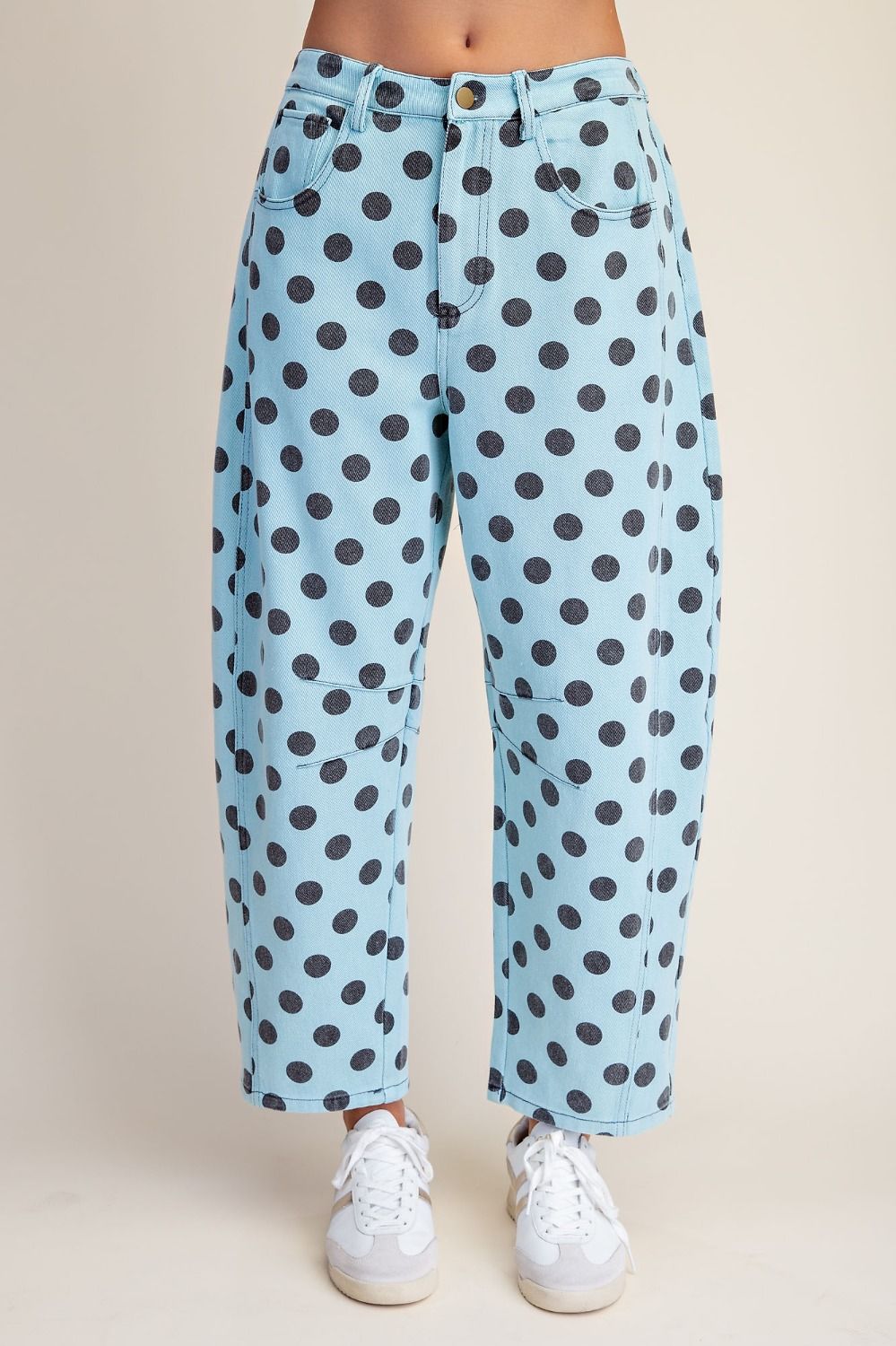 Aqua Polka Dot Denim Barrel Pants