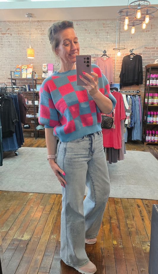 Cameron Checkered Puff Sleeve Sweater