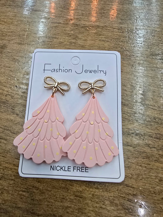 Pink Christmas Tree with Bow Earring