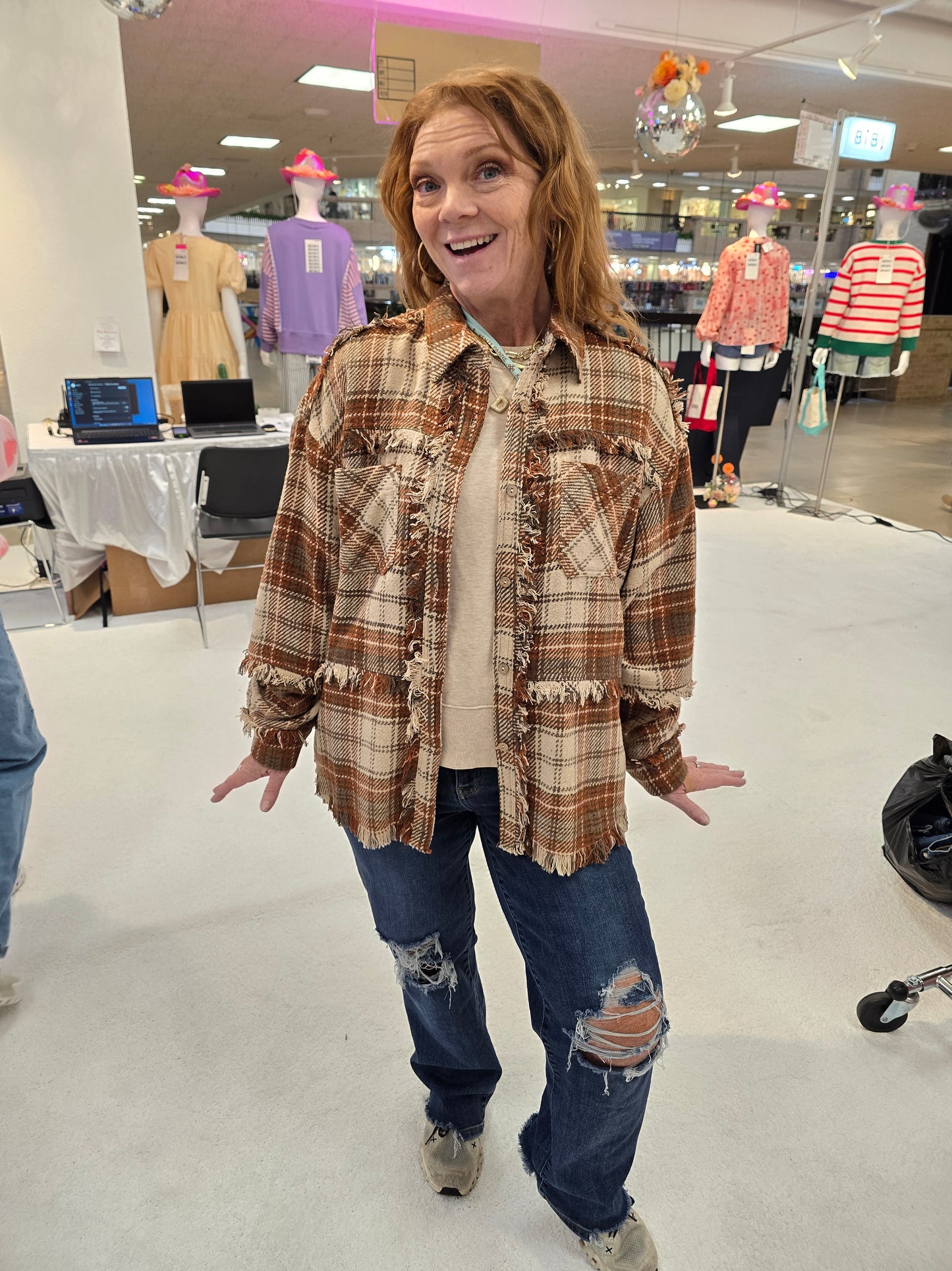 Brown Checkered Frayed Shacket