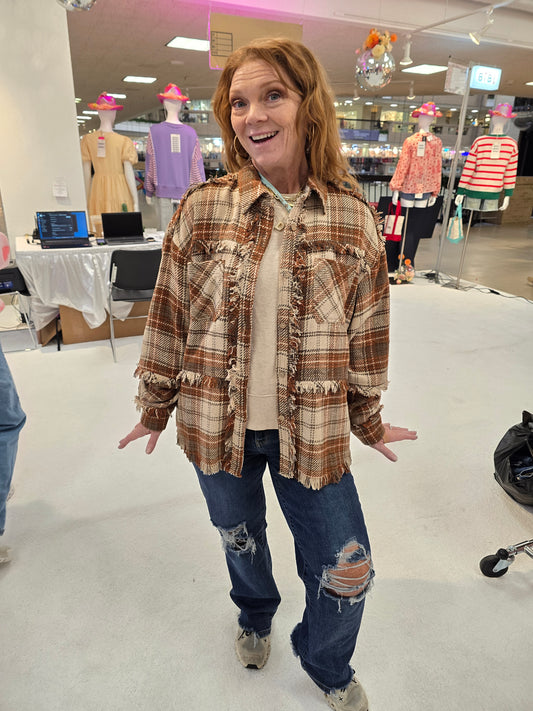 Brown Checkered Frayed Shacket