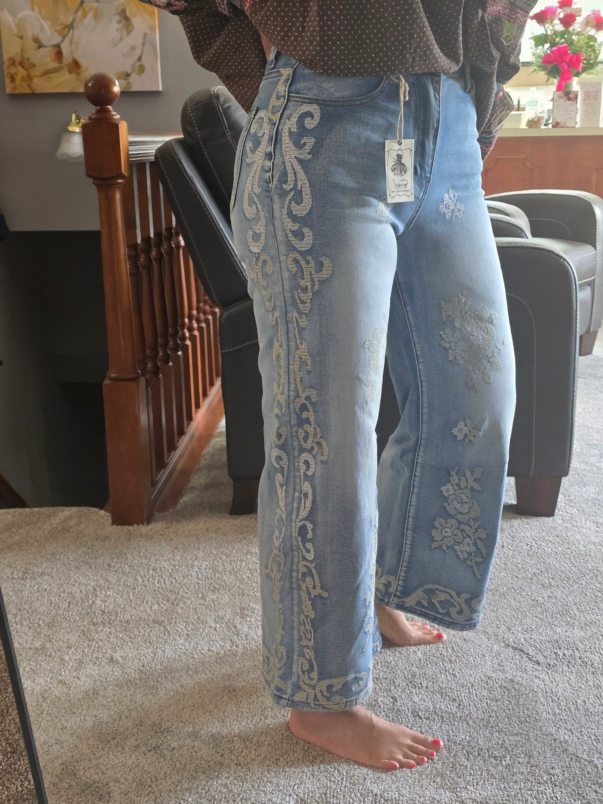 Embroidered Wide Leg Denim