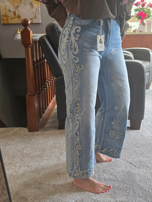 Embroidered Wide Leg Denim