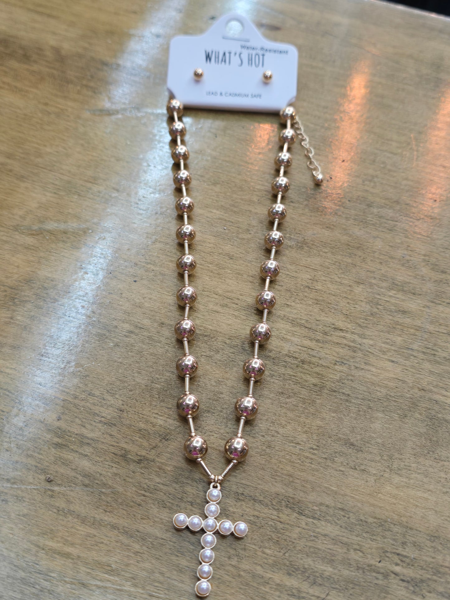 Gold Beaded Necklace with Pearl Beaded Cross