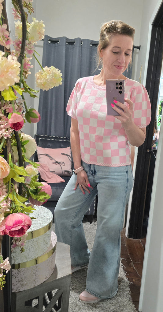 Blush Checked Puff Sleeve Top