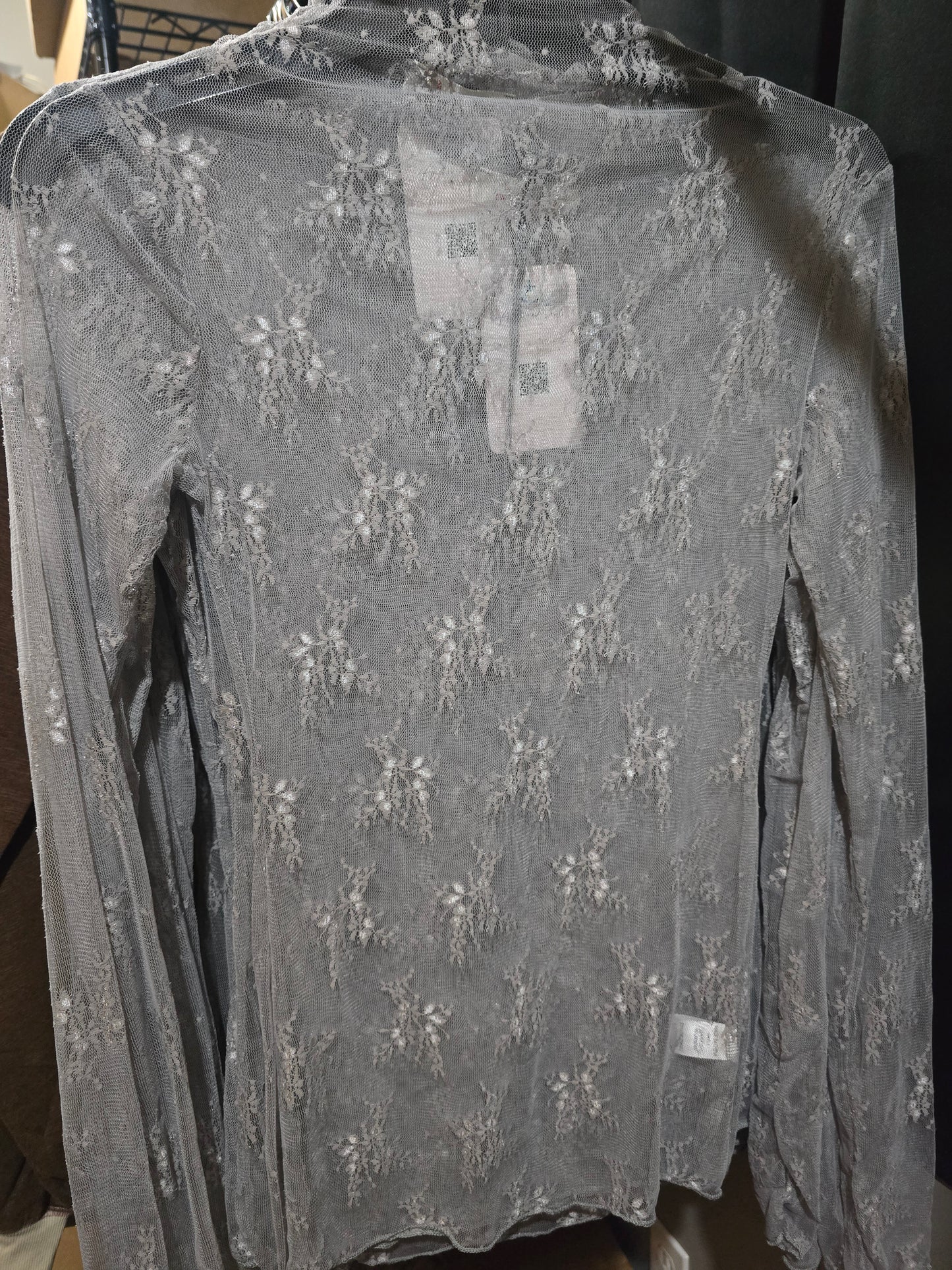 Gray LS Lace Mesh Top