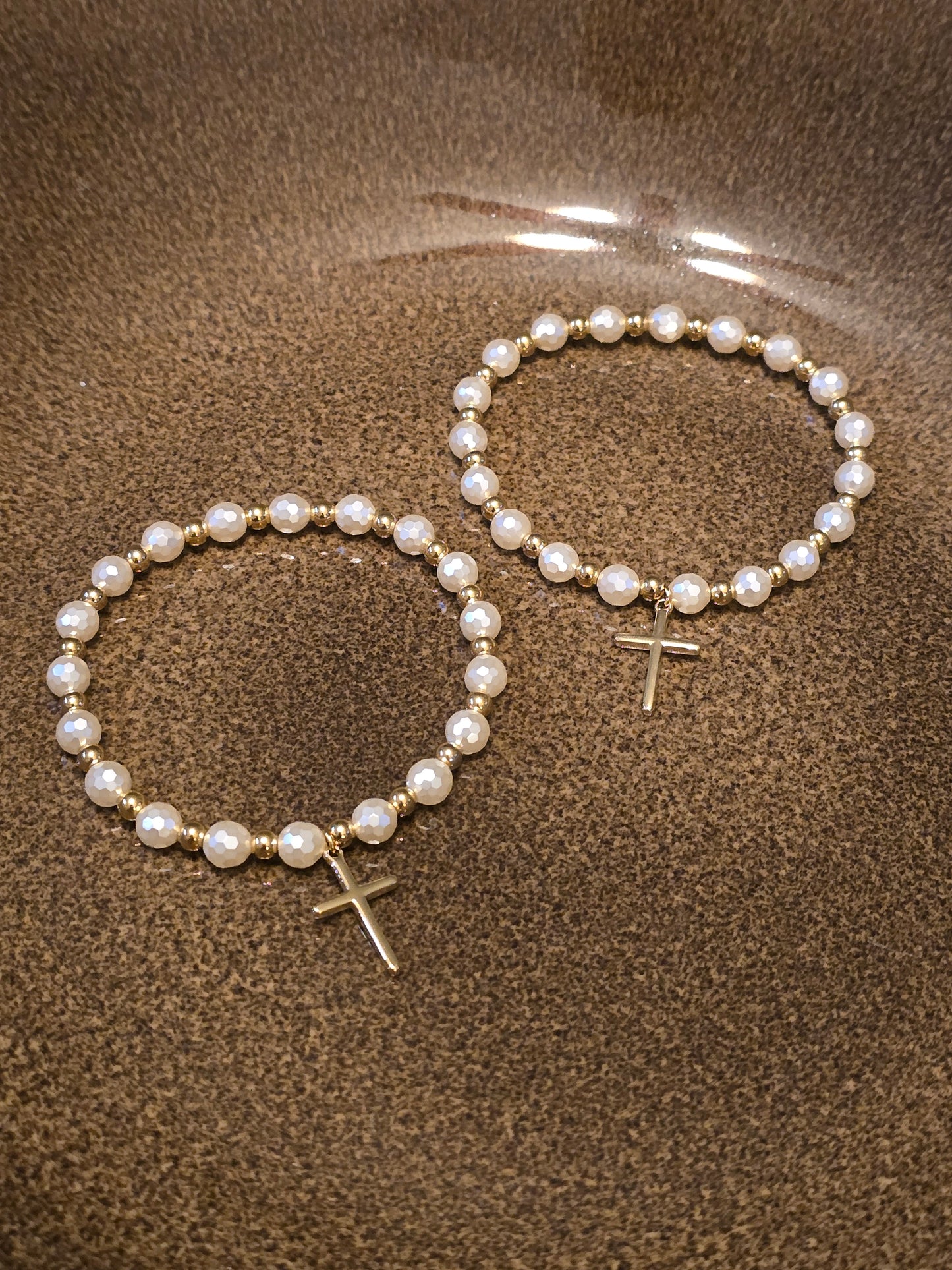Pearls and Gold Cross Stretch Bracelet